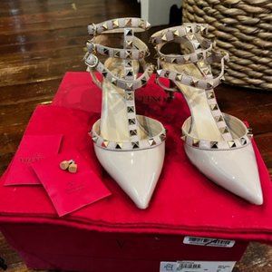 VALENTINO Rockstud Accents Patent Leather T-Strap Pumps Size: 6 | IT 36